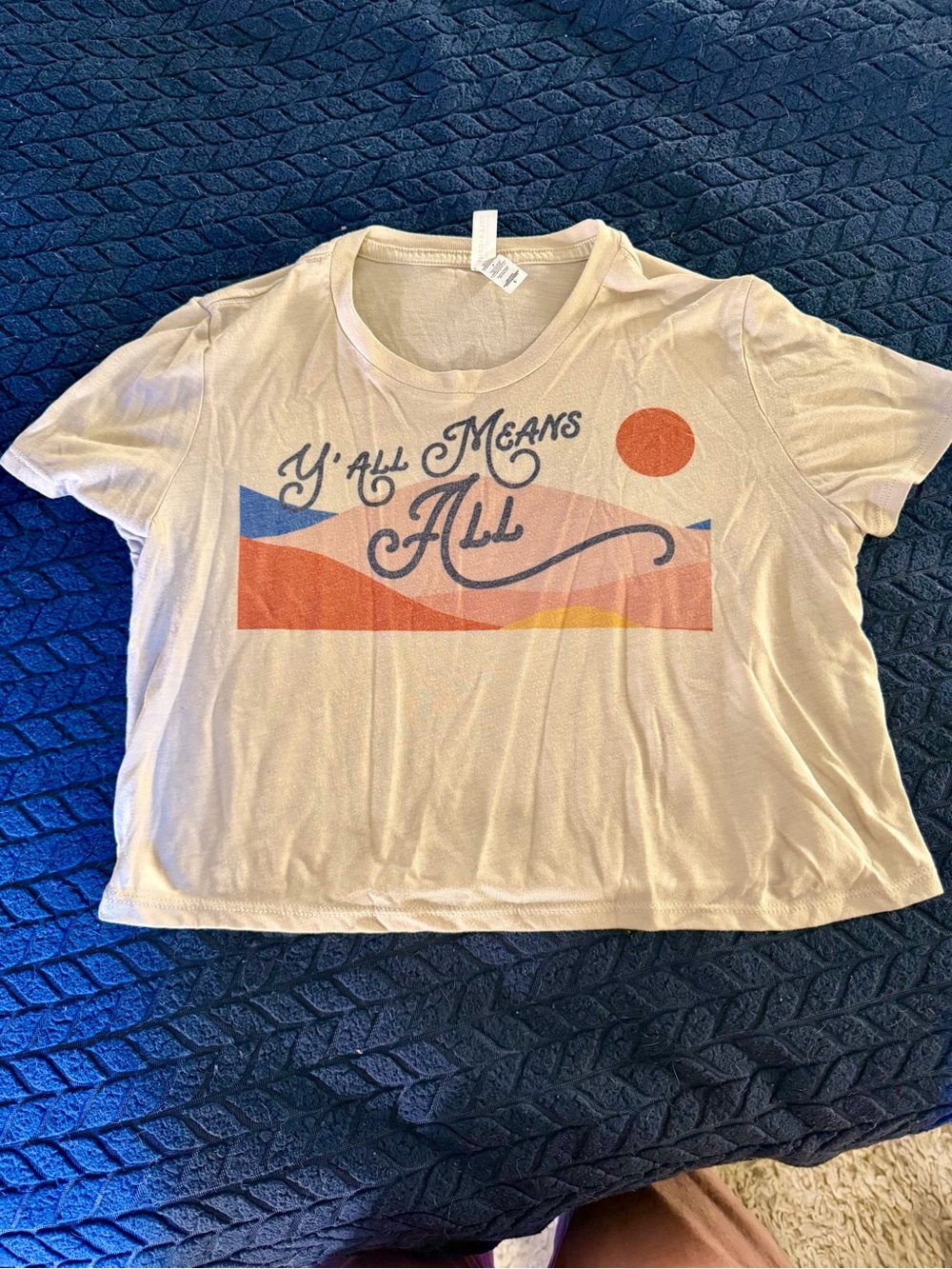 Graphic Crop Tee - 'Y'All Means All' in Cream with Sunset Print